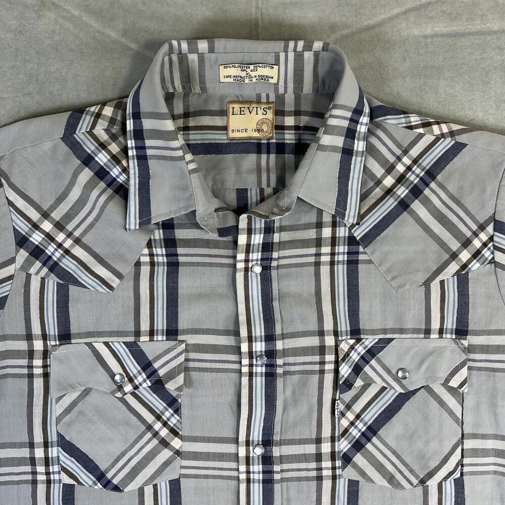 VTG 80s Levis Pearl Snap Western Shirt Mens XL Plaid Blue Silver Short Sleeve